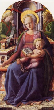 フィリッピーノ・リッピ Painting - 聖母子と二人の天使クリスチャン・フィリッピーノ・リッピが即位